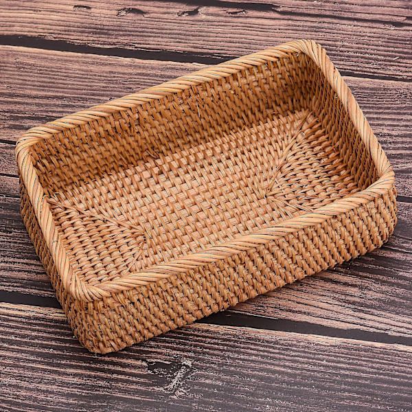 Håndlavet rektangulær vævning rattan flettet kurv frugtbakke brød håndstrikket etui enkel bærbar picnic opbevaringsboks hjem køkkenartikler dekoration A3