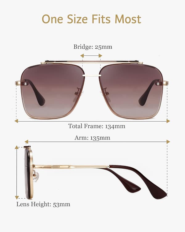 Firkantede Aviator Gradient Solbriller UV400 Dobbel Bro Retro Metallramme (Gull/Brun)