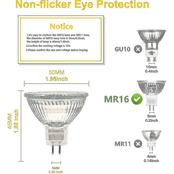 MR16 Spotljuslampa, 12V 20W Ljuslampa, GU5.3 Ljuslampa Dimbar, 2-stifts Halogenlampor Varmvit 2700K, Pack med 12 (mr16-20w-12p) [xh]