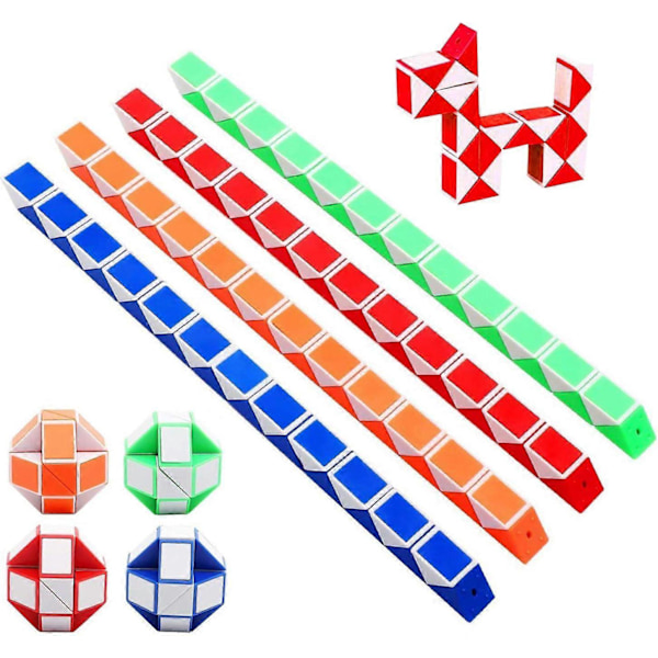 Terning Legetøj - Sæt med 4, 12 Stykker, 24 Blokke - Magisk Speed Cube / Slange Cube Puslespil / Magisk Slange Cube - 3D IQ Legetøj til Børn og Voksne