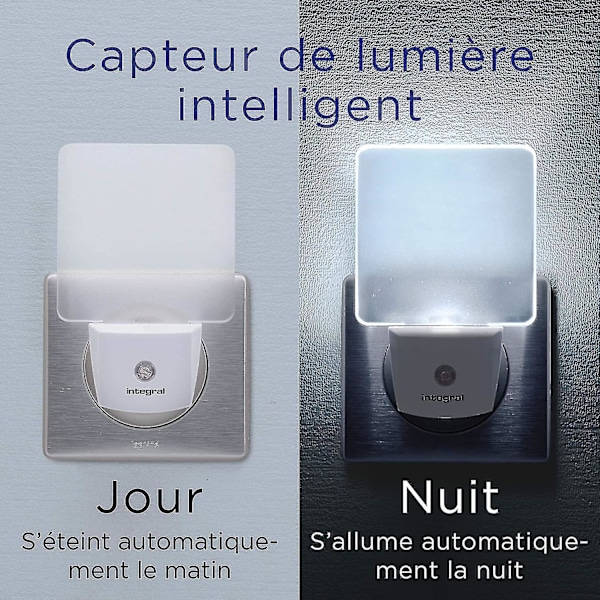Integrert LED-nattlys, 2 stk., med automatisk sensor, dag/natt, stikkontakt, matt hvit