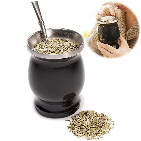 Yerba Mate Sæt Dobbelt-Væg Stainless Steel Tekop og Bombilla 8 Ounces Bombillas Yerba Mate Strå - Bla Black