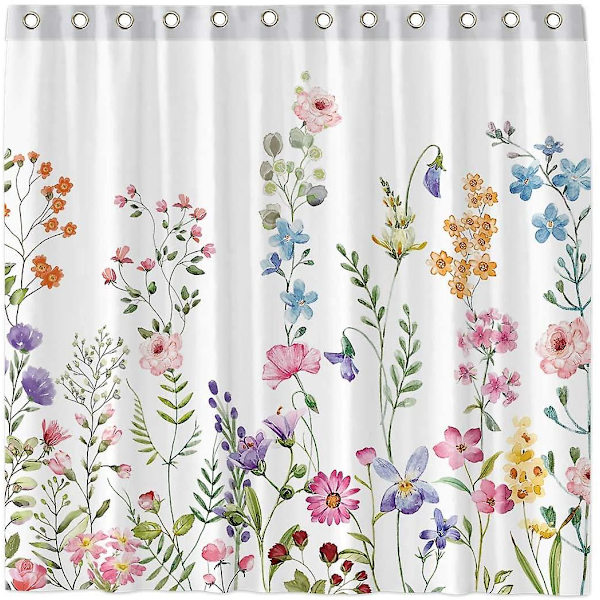 Funnytree Dusjforhengsett med blomster og planter i akvarell, med kroker, hjemmedekorasjon til baderom og badekar, lett å vedlikeholde, maskinvaskbar, slitesterk polyester