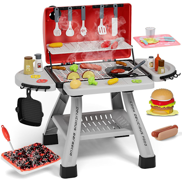 Leksakskök Grillset för Barn, Barn BBQ Grillset med Rök, Ljud & Ljus, Leksaks Grill för Barn, Lekmat Hamburger