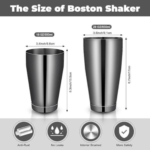 16 st Cocktail Shakers Professionell Bar Shaker Boston Shaker Set Rostfritt Stål Martini Shaker Black