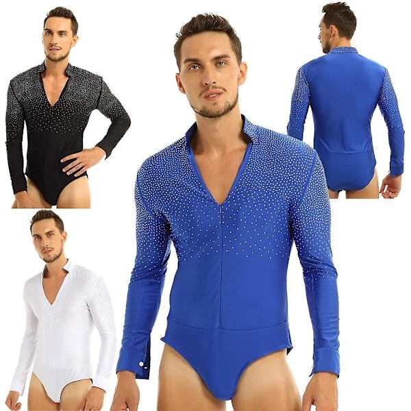 Glittrande V-ringad Latin Dance Gymnastik Leotard Bodysuit Skjorta Topp Man Ballroom Tango Rumba Danskläder Halloween Kostym Outfit XL Royal Blue