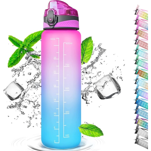 1 liters drickflaska med sugrör, med tidsmarkeringar, Sportcykelvattenflaska (Gradienterad rosa blå)BY COLOR 1