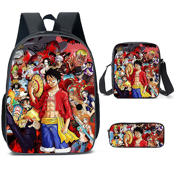 Anime One Piece Print 3-delt sæt til børn - Rygsæk, madpakke og crossbody taske med blyants etui (FMY)