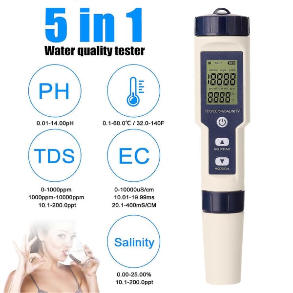 5-i-1 Profesjonell Multi-parameter Kombinasjon Testmåler PH/EC/TDS/Salinitet/Termometer Digital Multi-Funksjons Vannkvalitetstester