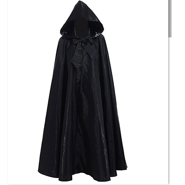 Halloween Kostume Til Kvinder og Mænd - Lang Hexe Kappe med Hætte i Satin Rød - Middelalderlig Black 100cm