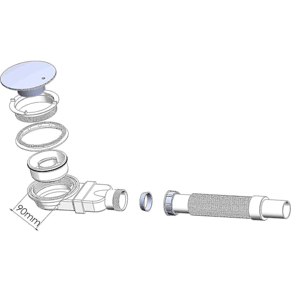 Erittäin litteä suihkukaivon kansi 90 mm - Viemäriaukkosetti suihkualustalle, suihkusifon hajulukolla, hiussuodatin, joustava letku