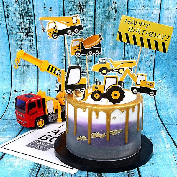 Rakennusajoneuvojen kaivinkoneen kakkukoriste, kaivukoneen liikennemerkkikakkupäällyste pojan syntymäpäiväjuhliin lelulahjaksi Small Excavator 6Pcs