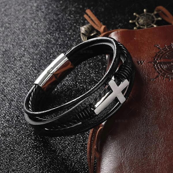 Læder Magnetisk Spænde Kryds Rustfrit Stål Armbånd Herre Titanium Stål