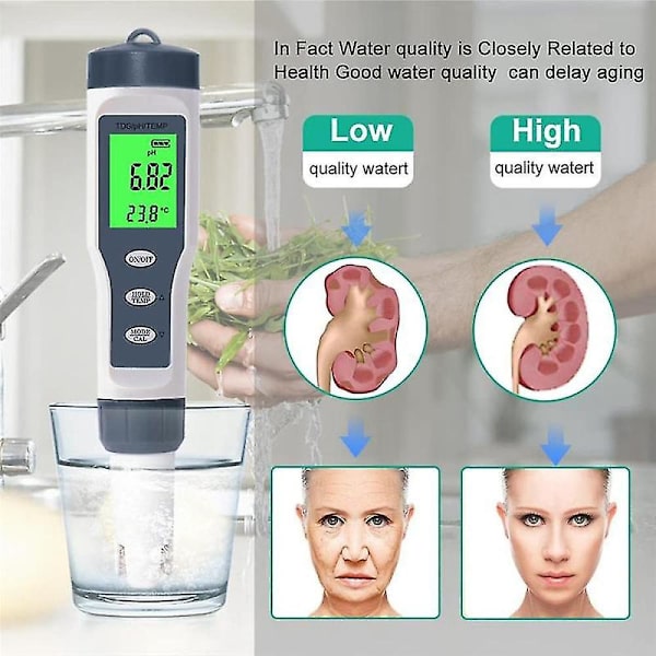Digital pH-måler med automatisk temperaturkompensation, 3 i 1 pH/termometer, 0,01 opløsning pen-tester, Wat