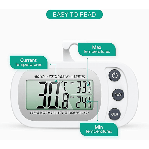 2 stk Frigidaire Kjøleskapstermometer, Digital Frysertermometer Med Henger, Lett Å Lese LCD-Skjerm, Max/min Funksjon, Perfekt For Hjem, Restauranter