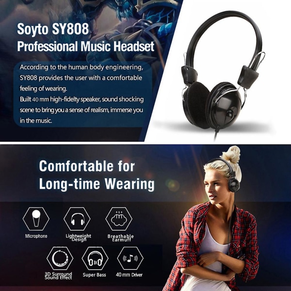 3,5 mm Trådbundna HD-ljudhörlurar Över örat Headset Bas Hifi Musik Stereo Mikrofon Hörlurar Justerbart Headset För PC MP3 Telefon (FMY) Single plug3.5MM