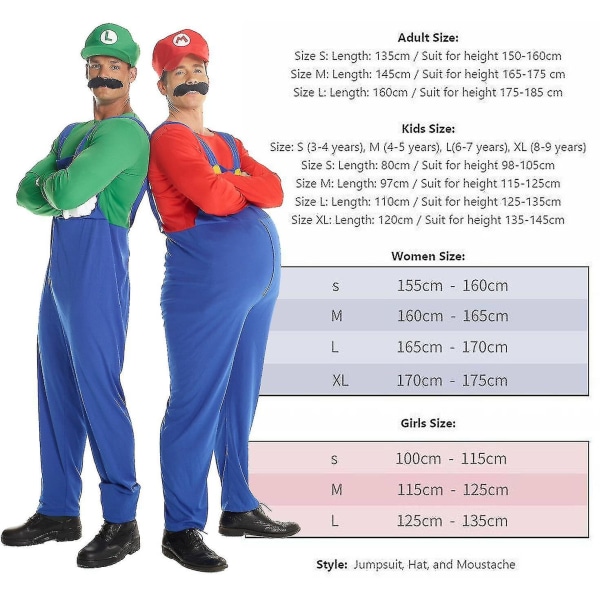 Super Mario Bros Unisex Vuxen & Barn Cosplay Fancy Dress Outfit Kostym Women Luigi M
