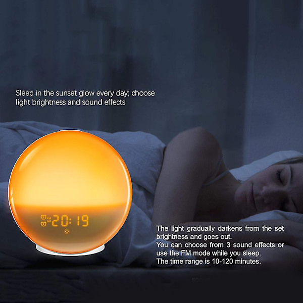 LED-lys vækkeur med solopgangsimulering, søvnstøtte, FM-radio og snooze-funktion til soveværelset Wood Grain
