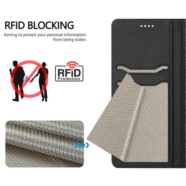 Til Xiaomi Poco X7 Pro 5G Wallet Case RFID-blokering Litchi Tekstur Læder Mobilcover Sort [DB]