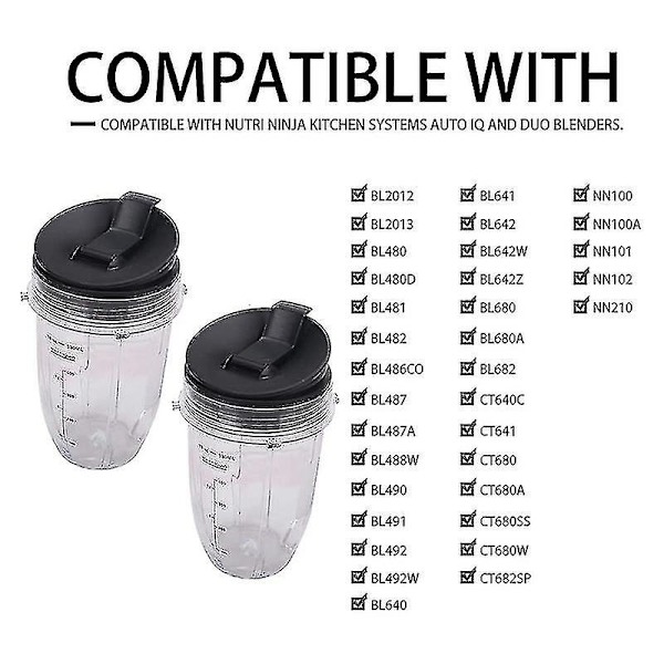 2 stk. 18oz udskiftningsbægre til Ninja Blender med låg til Ninja Auto Iq Bl480 Bl642 Bl450 Bl682 Bl480