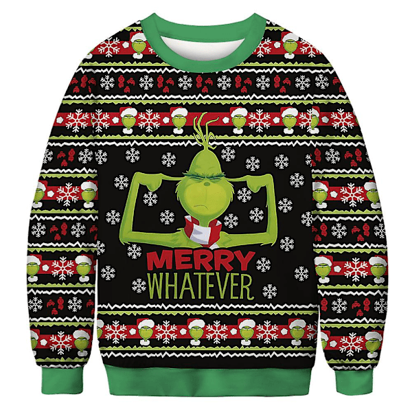 Par-Sweatshirt med Grinch-print til par - Crew Neck Ugly Sweater til kvinder og mænd - Langærmet grøn monster pullover jumper top A XL