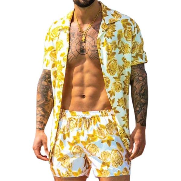 Män Hawaii Boho Summer Outfit Kortärmad skjorta Shorts Set Holiday Beach Yellow XL