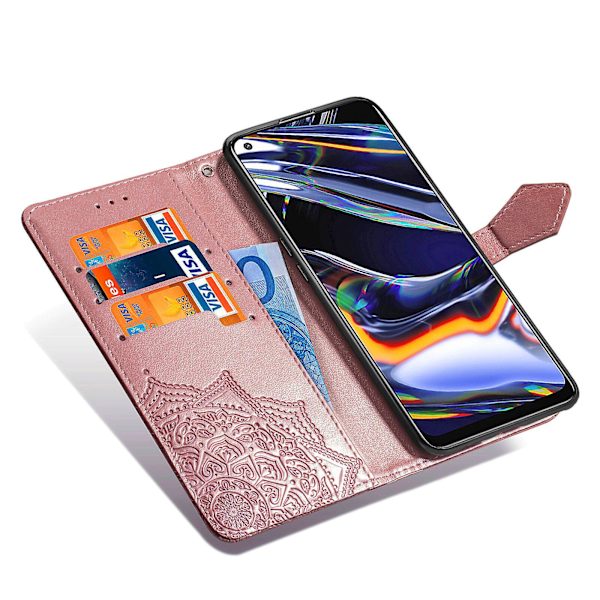 Realme 7 Pro -puhelimen nahkainen lompakko-kotelo, Mandala-painatus, magneettinen läppä, iskunkestävä - Rose Gold