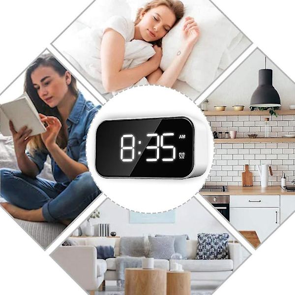 Digital väckarklocka för sovrum, sängbordsklocka med 6 ljusstyrkenivåer, snooze, (vitt utseende + vit text)
