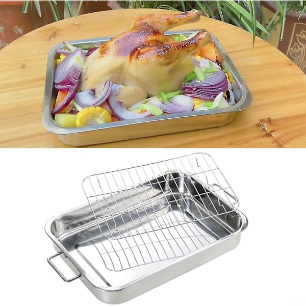 Rostfri Ugnspanna med Galler Bakplåt Rostningsform Köksredskap - q36 25*18*5CM