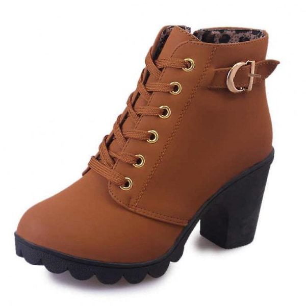 Women's Casual High Heel Waterproof Warm Ankle Snow Boots Brown 35