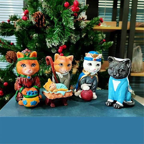 Katt-Julkrubba Inomhus Katt-Julkrubba Katt-Scen Katt-Juldekoration Söta Katt-Hartsstatyer As Shown