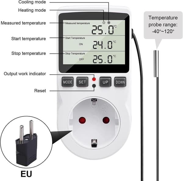 230 V temperaturkontroll med sensor, digital termostatkontakt med LCD-display [DB]