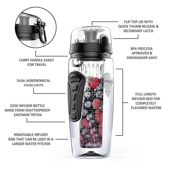 2x 1000ml/32oz Hedelmäinfuusiopullo Urheilupullot