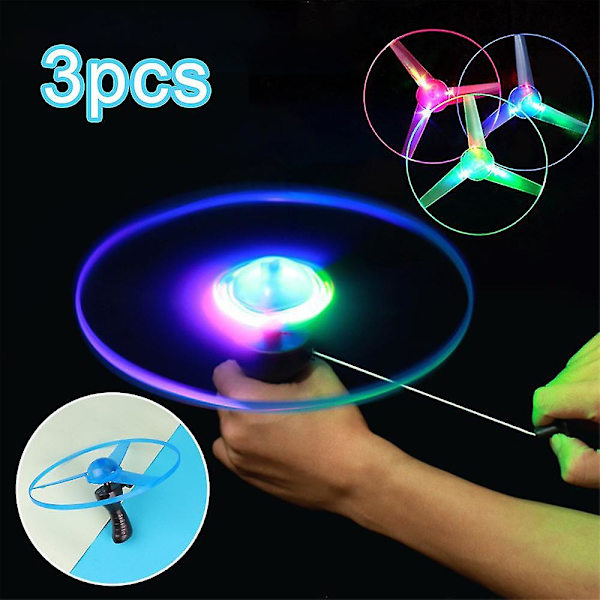 3 stk LED-belyste Flyvende Diske Propeller Helikopter Legetøj Trækstreng Flyvende Tallerkener UFO Spindetop Legetøj Børn Udendørs Sjov Spil  [DmS]