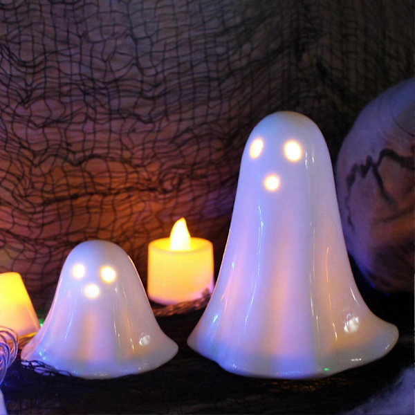 2 stk LED Keramiske Spøkelser Små Hvite Spøkelsesfigurer, Lysende Spøkelsesdekor, Små LED Spøkelses Halloween Dekor Skumle Skulpturer