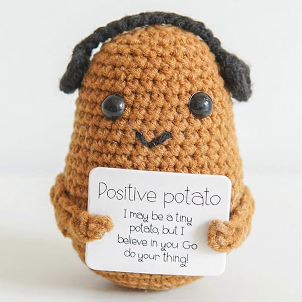 Mini Rolig Positiv Potatis, Mjuk Ull Stickad Leksak 3 Tum Söta Virkade Dockor med Positivt Kort Dekoration Uppmuntran Stöd för Födelsedagsrums Dekoration Earphones-1pcs