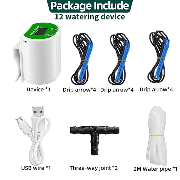 Automaattinen kastelujärjestelmä, 12 kpl Droparrow sisäkasvien tippukastelusetti, Led-näyttö ja USB-virtalähde Automaattinen kastelujärjestelmä, Automaattinen P Green JH12