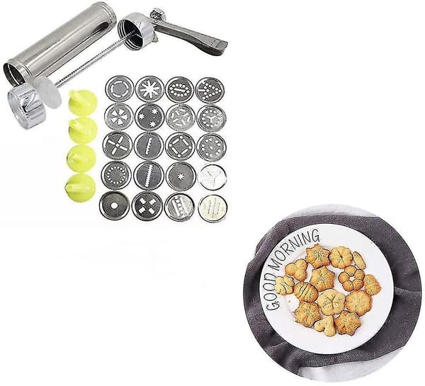 Presset Aluminium Cookie Maker Sæt med 20 Tips og 4 Tynde Dej Sprøjtetips i Rustfrit Stål Sølv
