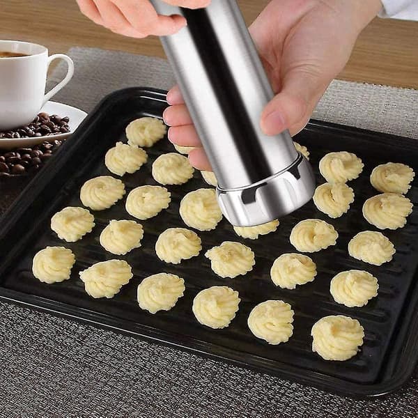 Presset Aluminium Cookie Maker Sæt med 20 Tips og 4 Tynde Dej Sprøjtetips i Rustfrit Stål Sølv