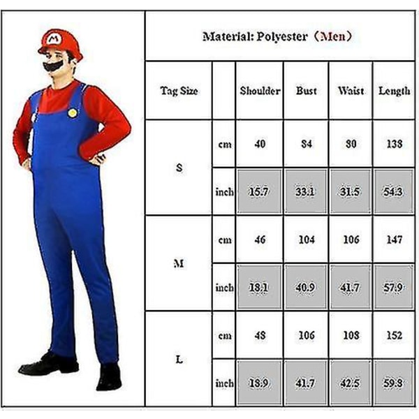 Män Vuxen Super Mario och Luigi Fancy Dress Plumber Bros Halloween kostym Red Mario L
