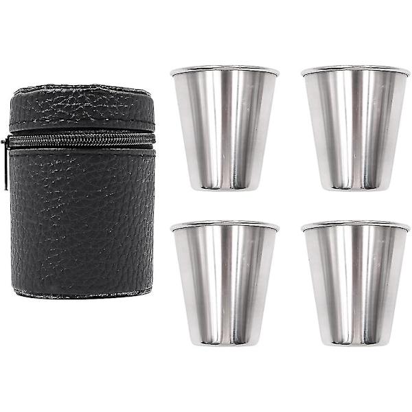 Set med 4 rostfria shotglas 70ml Bärbara vinglas Dryckesbehållare med läderfodral - q36