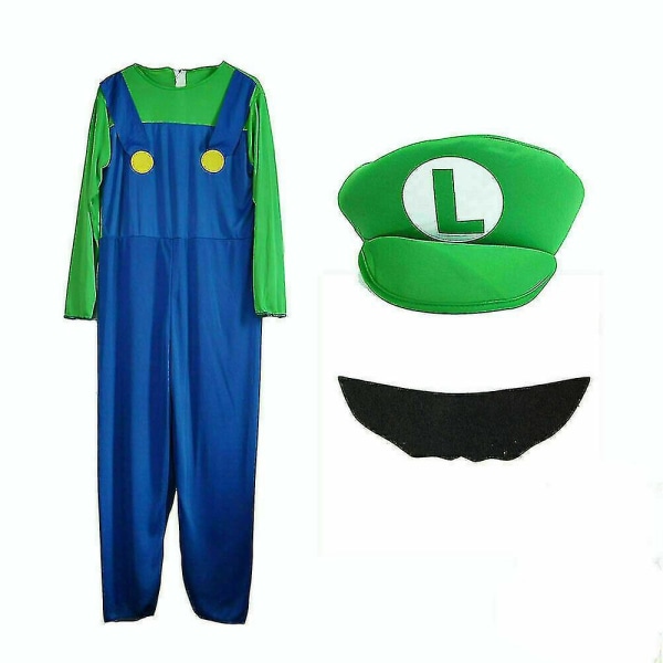 Män Vuxen Super Mario och Luigi Fancy Dress Plumber Bros Halloween kostym Green Luigi L