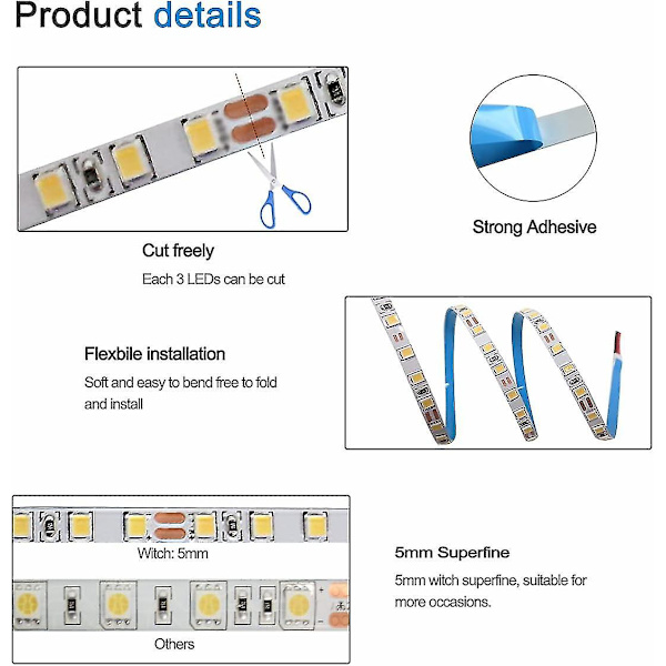 12V LED-stripe, 1 cm bred, 3000K LED-stripe 5m varm hvit 2835 IP65 120 LEDer/m, totalt 600 LEDer LED-lysstripe for soverom, kjøkkendekorasjon