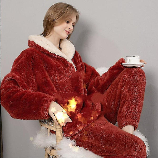 Pyjamas Kvinnor Höst/vinter Flanell Pyjamas Pyjamas Set Förtjockning Par Hem RED L