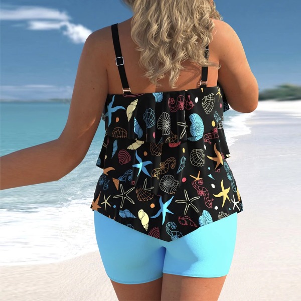 Plus Size Sexy Ryggløs Svømmesett Kvinner Kaskade Volang Suspender Badetøy Sommer Ny Bikini Svømmekjole Tegneserie Trykk Strandklær Black XXL