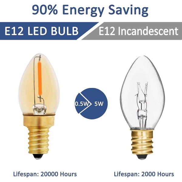 C7 E12 LED-pære 220v, 0,5w erstatning 5w, E12 LED-filamentpære rav dekorativ nattlyspære, varm hvit 2200k, ikke-dimbar, pakke med 6 (FMY)