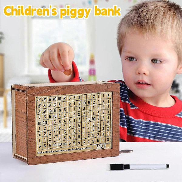Träsparbössa, Träsparbössa med Räknare för Tickande, Spargris med Markering, Sparbössa, Woo Wood Brown