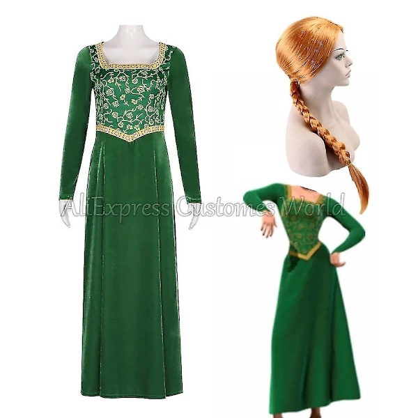 Högkvalitativ 2024 Cos Anime Prinsessan Fiona Grön Klänning Fiona Klänning Shrek Kostym Halloween Fancy Fantasy Party Dräkt Rollspel För Vuxen Kvinna Dress Wigs S Cosplay