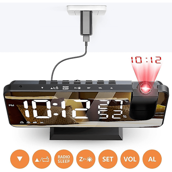 Projektor Vekkerklokke Tak Fm Radio Vekkerklokke 180 Projeksjon Digital Klokke Med 7' Led Speilskjerm Usb Lading Port Snooze Funksjon Dobbel Alarm