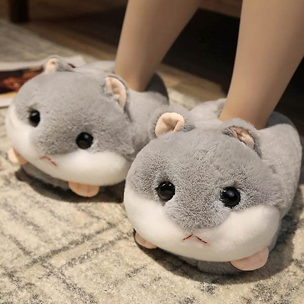 Kanin/Hamster/Hund Formet Plys Sko Kreativ Indpakning Fuzzy Varmt Foret Vinter Træk Sko til Voksne Indendørs 35-41CM Grey Hamster